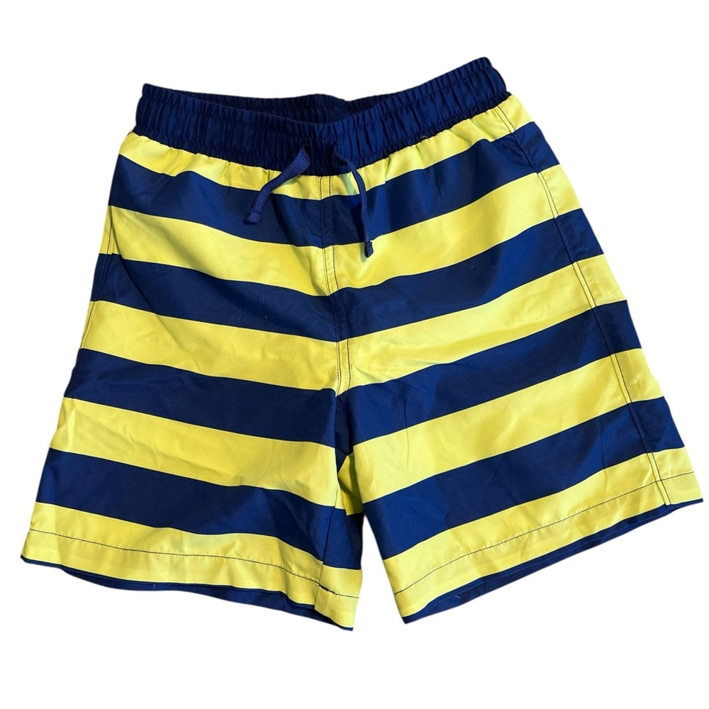 Primary Blue and Yellow Striped Swim Trunks, Size Youth 8-9